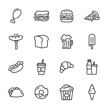Fast food bağlantılı vektör ince çizgi simgeleri. Pizza, hamburger, ekmek, kruvasan; bira; yumuşak servis dondurması, patates kızartması ve beyaz arka planda izole edilmiş diğer vektör illüstrasyonları var.