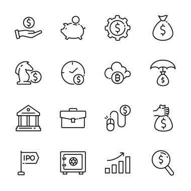Basit Yatırım ve Krediyle İlgili Satır Simgeleri. Faiz Oranı simgeleri, Yatırım Planı simgeleri, Yüzde Diyagramı simgeleri ve daha fazlasını içerir. Düzenlenebilir Vuruş. vektör illüstrasyonu