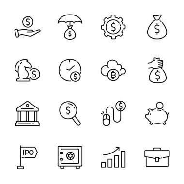 Basit Yatırım ve Krediyle İlgili Satır Simgeleri. Faiz Oranı simgeleri, Yatırım Planı simgeleri, Yüzde Diyagramı simgeleri ve daha fazlasını içerir. Düzenlenebilir Vuruş. vektör illüstrasyonu