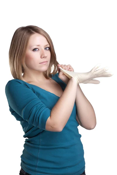 Frau mit Handschuhen — Stockfoto