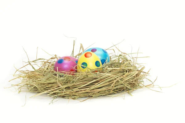 Tres coloridos huevos de Pascua en un nido — Foto de Stock
