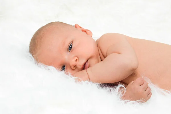Neugeborener süßer Junge liegt auf Felldecke Stockfoto