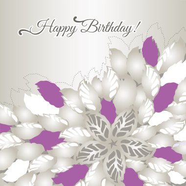 Happy Birthday card with pink flowers and leaves clipart