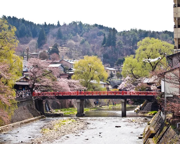 Takayama na červený most v období festivalu — Stock fotografie