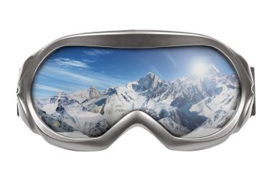 Ski goggles with reflection of mountains isolated on white