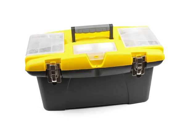 Yellow plastic toolbox isolated on white background — Stock fotografie