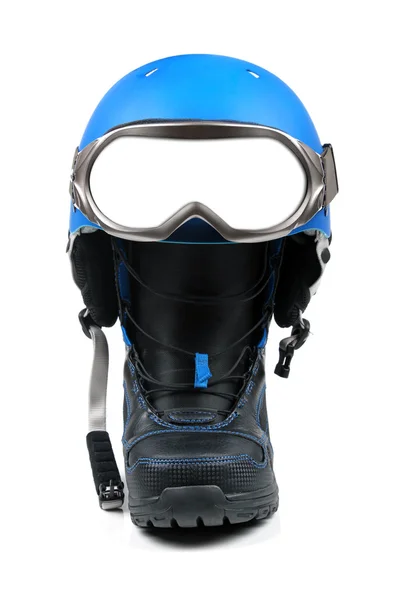 Snowboardausrüstung - Schuhe, Helm und Skibrille — Stockfoto