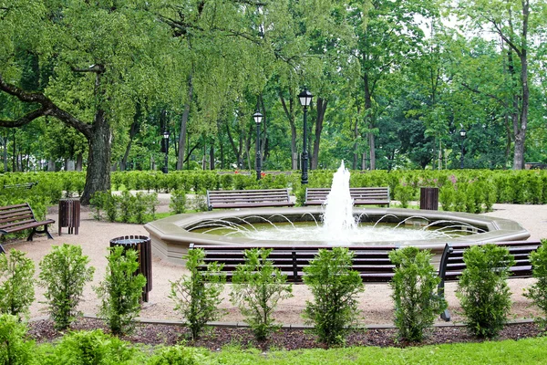 緑豊かな街の噴水のある公園 — ストック写真