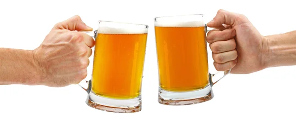 Cheers, two glass beer mugs isolated on white — Stock Photo, Image