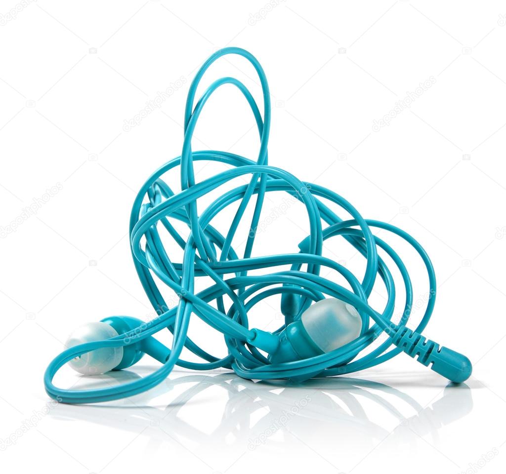 tangled earphones isolated on white