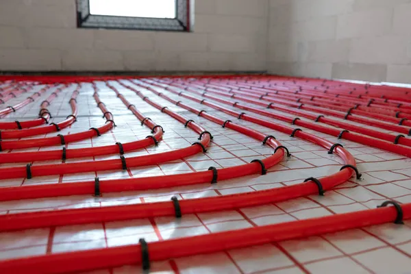 House Underfloor Heating System Installation Red Plastic Pipes — Stock Photo, Image