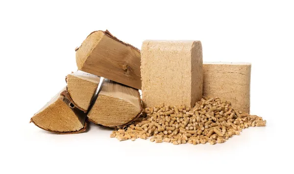 Biomass Heating Wood Pellets Briquettes Firewood White Background — Stock Photo, Image