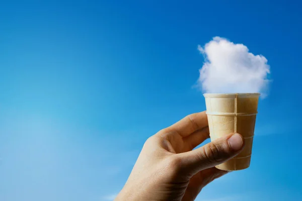 Cloud Ice Cream Hand Waffle Cup Blue Sky Copy Space — Zdjęcie stockowe