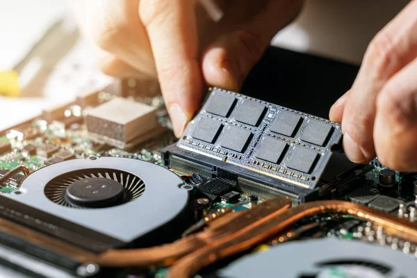 Técnico Instalación Módulo Memoria Ram Placa Base Del Ordenador Portátil — Foto de Stock