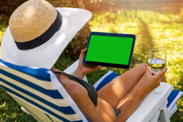 Mockup Woman Wearing Bikini Using Digital Tablet Drinking Wine While — Stock Photo, Image