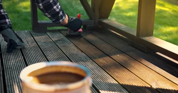 Restore Wooden Terrace Planks Man Applying Wood Protection Oil Boards — Vídeo de Stock