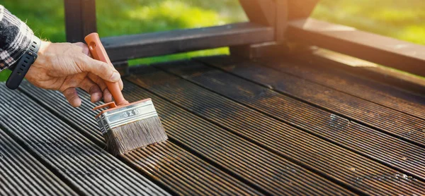 Restore Wooden Terrace Planks Applying Wood Protection Oil Decking Boards — Fotografia de Stock