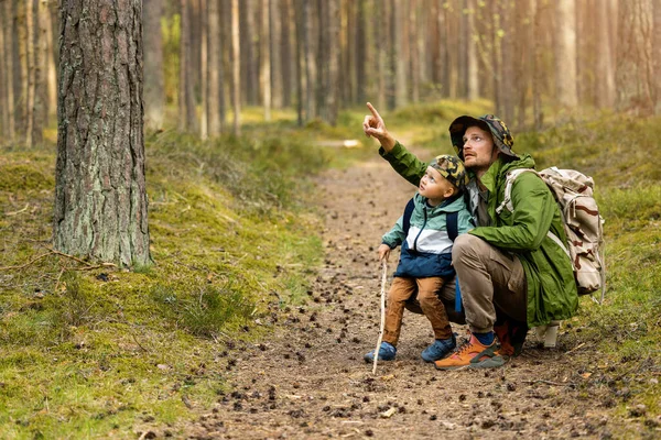 Father Son Adventure Hike Exploring Forest Together Bonding Activities — Stockfoto