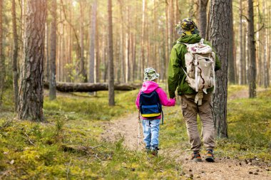father and daughter holding hands walk together on forest trail . copy space