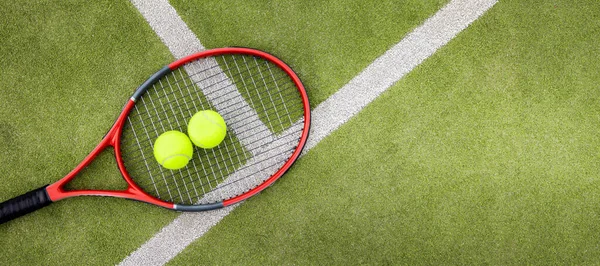 Tennis Balls Racket Green Synthetic Grass Court Background Top View Stock Kép