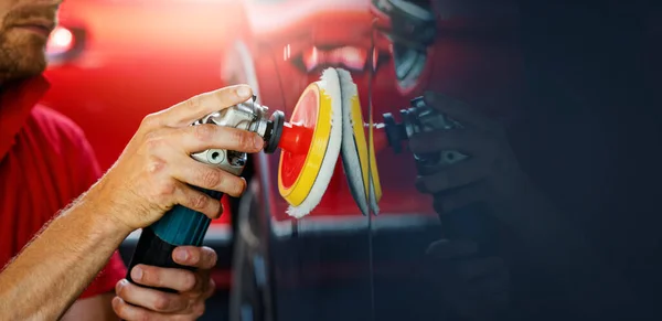 Car Body Repair Detailing Workshop Man Polishing Vehicle Paint Copy — Stockfoto