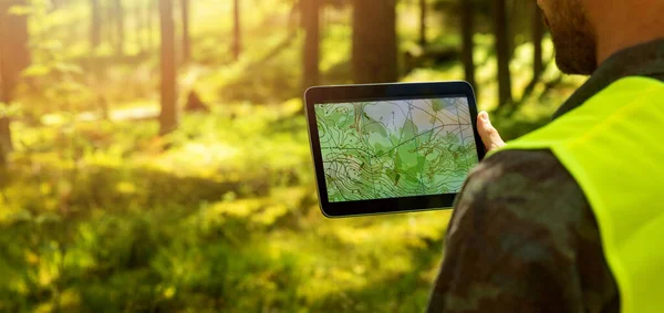 Man Working Topographic Map Data Digital Tablet Forest Banner Copy — 图库照片