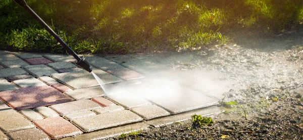 Dirty Block Pavement Cleaning High Pressure Washer Copy Space — Stock fotografie