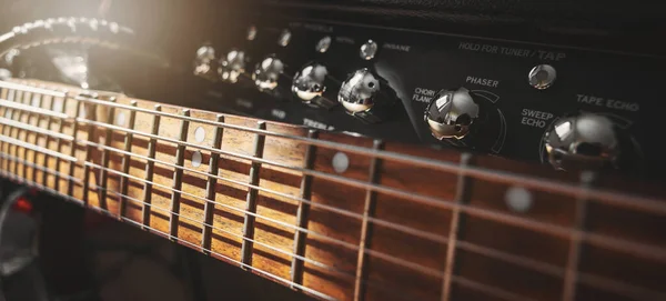 Electric Guitar Neck Amplifier Closeup Sound Recording Studio Rock Music — Foto Stock