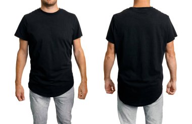 man in black blank long fit t-shirt. front and back mockup template for design. isolated on white background