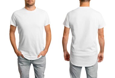 man in white blank t-shirt. front and back mockup template for design. isolated on white background
