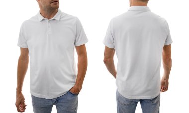 man in white cotton polo shirt isolated on white background. mockup for design