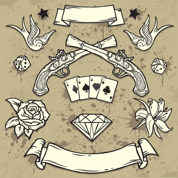Conjunto de elementos de tatuaje de la vieja escuela Ilustraciones De Stock Sin Royalties Gratis