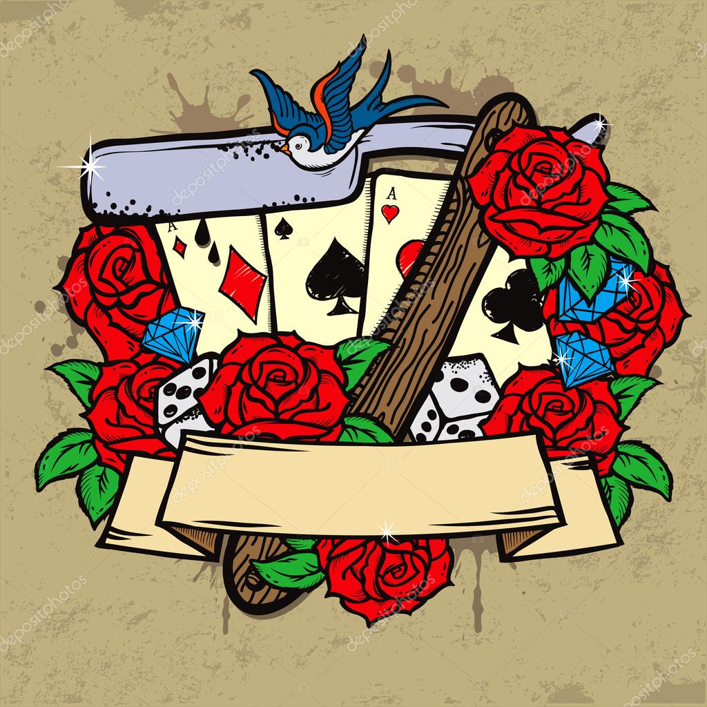 Stylish illustration in old school tattoo style with razor, four aces and seven red roses