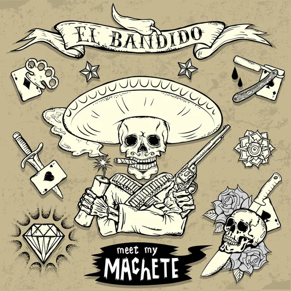 Conjunto de elementos de tatuaje de la vieja escuela — Vector de stock