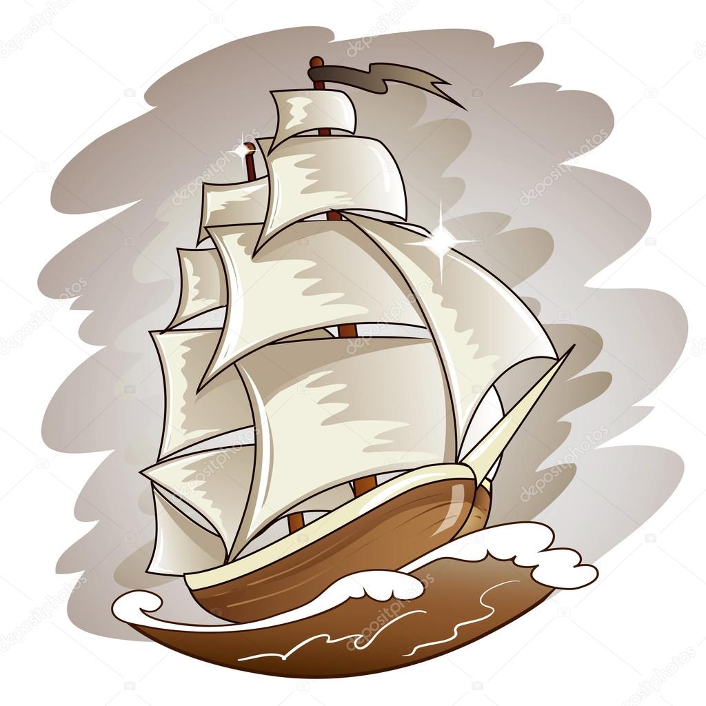 Sailing boat floating on water surface. Vector color illustration.