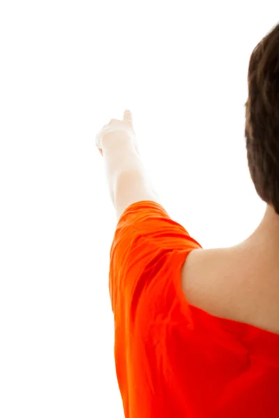 The forefinger of a young woman is pointing at something — Stock Photo, Image