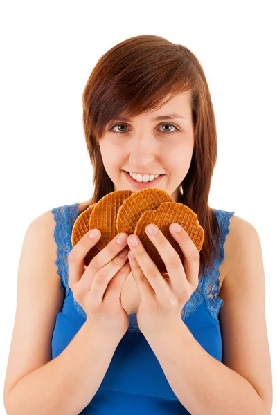 La joven con galletas redondas en las manos — Foto de Stock