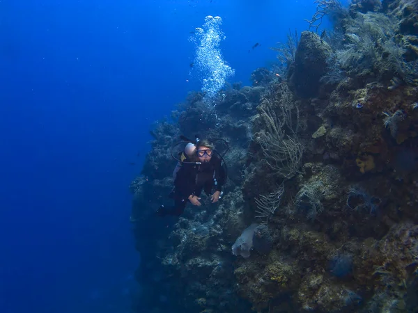 Diver femminile fuori dal muro a Cayman Brac — Foto Stock