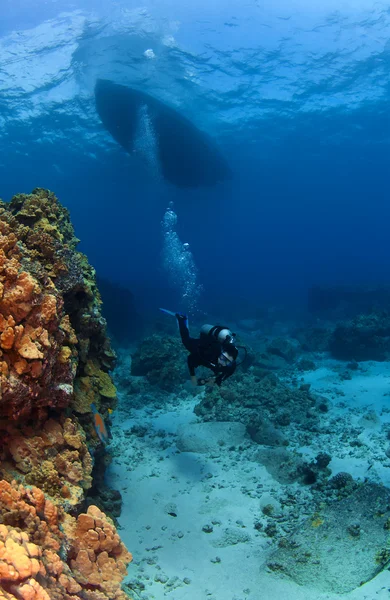 Immersioni subacquee esplorando sotto la barca — Foto Stock