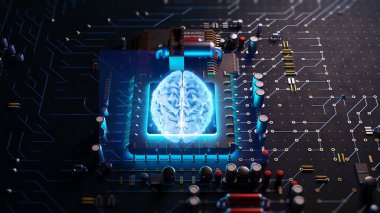 Yapay zeka robotu ve bilgisayar mikro çipinin kavramsal arka planı, 3d illüstrasyon