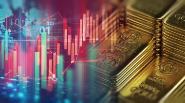 Finansal altın fiyat grafiğinde bir yığın parlak altın, güvenli cennet yatırımı konsepti, 3D çizim