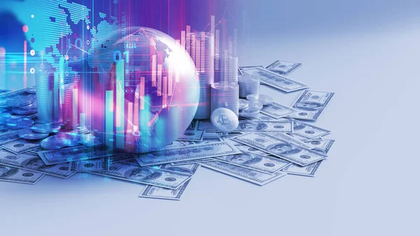 Bitcoins desteleri şifreleme para ve dünya ile para 3dillustrasyon kripto para, 3d illüstrasyon küresel ekonomi bozulma temsil