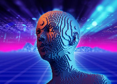 Siber uzay ve metaevren dijital verileri hakkında programlama koduna sahip sanal insan, 3d çizim