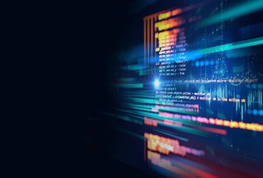 Yazılım geliştiricisi ve Bilgisayar betiği 3d illüstrasyonunun kod soyut teknoloji arka planı programlanıyor