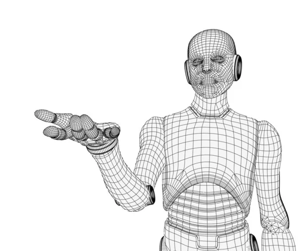 Drahtgestell Rendering Des Menschlichen Roboters Ausgestreckte Hand Mit Etwas Interagieren — Stockfoto