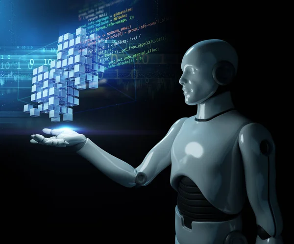 Menschlicher Roboter Streckt Die Hand Aus Mit Blockchain Interagieren Illustration — Stockfoto