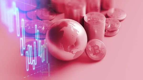 Pilas Bitcoins Cripto Moneda Dinero Con Tierra 3Dillustration Representan Economía — Foto de Stock