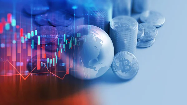 Pilas Bitcoins Cripto Moneda Dinero Con Tierra 3Dillustration Representan Economía — Foto de Stock