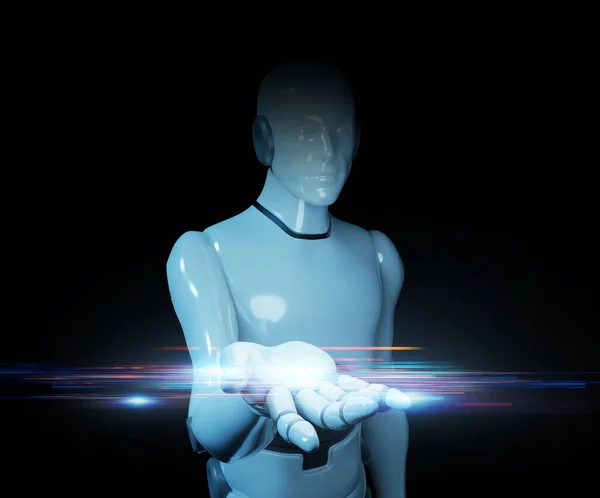human robot extend hand to interact with hologram graphic , 3d illustratio