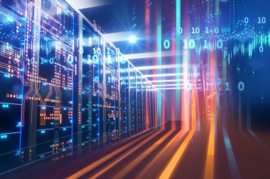Telekomünikasyon donanımları, büyük veri depolama ve bulut bilgisayar teknolojisi kavramı tam veri merkezindeki sunucu odası 3D çizimi.